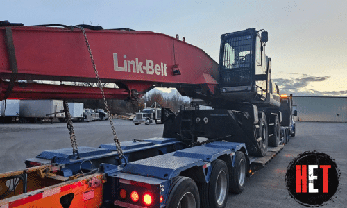 LinkBelt 360 Material Handler loaded for transport