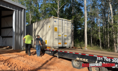 Transporting a container on a flatbed trailer.