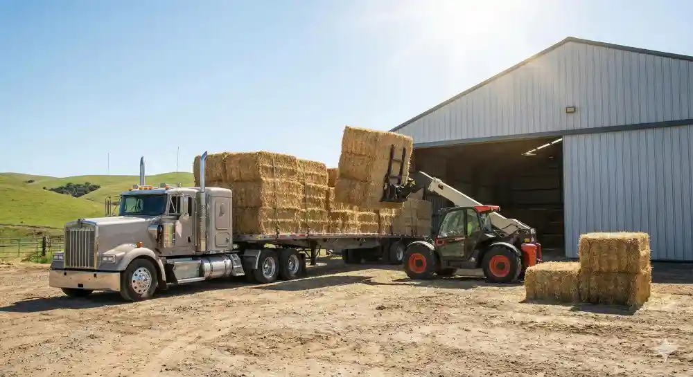 Loading straw bales for truck transport