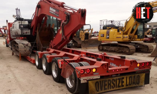 Linkbelt excavator transported on a trailer.