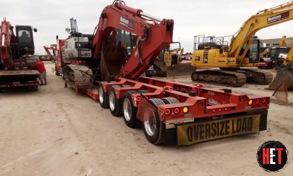 Linkbelt excavator transported on a trailer.